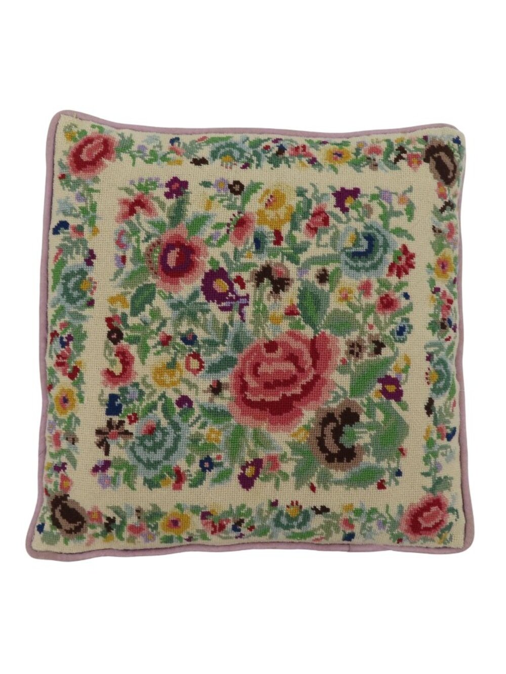 Handmade Multicolor Flower Floral Needlepoint Purple Back Throw Accent Pillow
